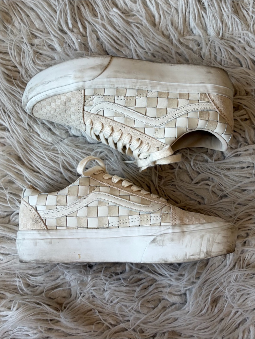 Vans Old Skool Platform Checkerboard Woven Lace Up Beige White Sneakers Shoes 8 - Picture 5 of 11